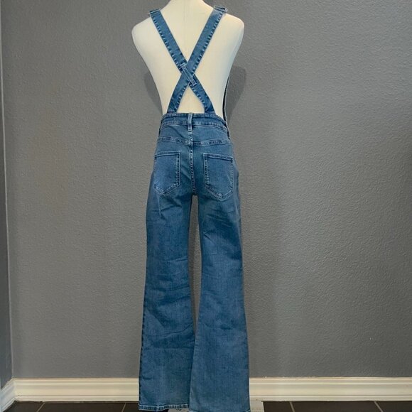 MO&Co. Blue Denim Overall Jumpsuit Front Button Bib Zip Fly Bell Bottom NWOT XS - Picture 6 of 12